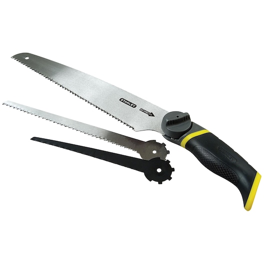 STANLEY 0-20-092 hand saw with interchangeable blades, black and yellow handle, white background, product photography.