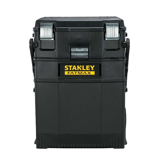 Front view Stanley FATMAX black rolling tool box with metal latches and yellow logo on white background