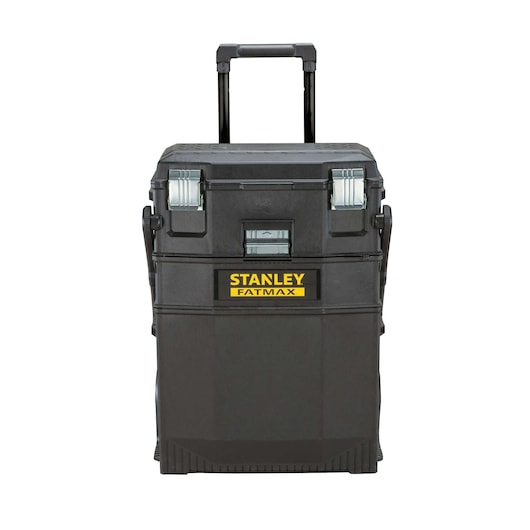 Stanley rolling toolbox with telescoping handle, black plastic, front angle, silver metal latches, FATMAX logo