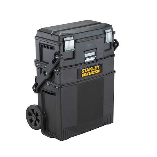 STANLEY FATMAX black rolling toolbox with top latches, handle, and wheels, angled front view on white background