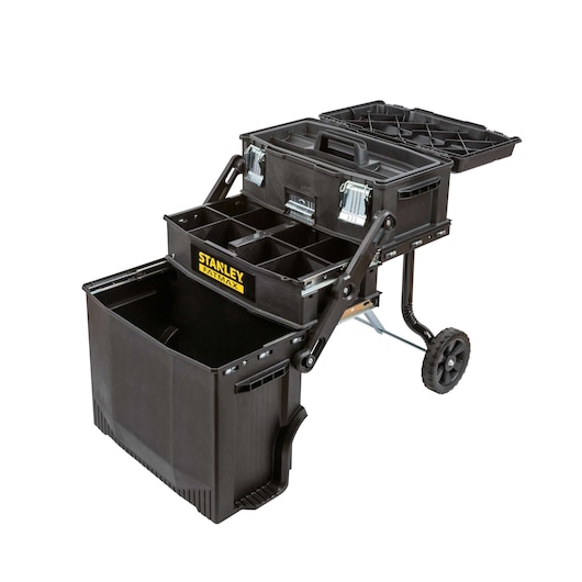 Front angle of Stanley FATMAX rolling tool box with open compartments and black plastic storage trays