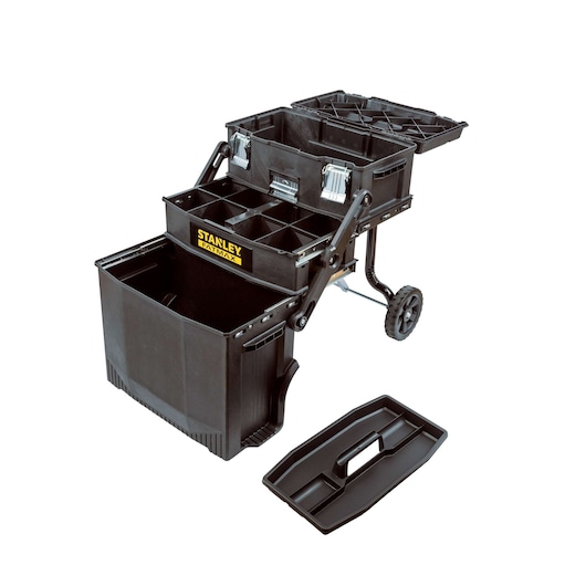 STANLEY rolling tool box with multiple open compartments, dividers, and wheels, shown at an angled side view.