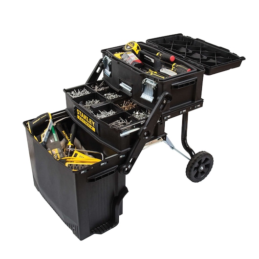 STANLEY rolling tool box with multiple open compartments filled with tools, screws, and hardware, angled side view