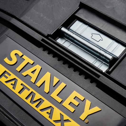 Photo of STANLEY FATMAX black toolbox lid with yellow logo and visible metal hinge. SKU 020800R.