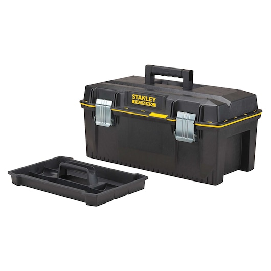 Stanley FATMAX black toolbox with yellow accents, metal latches, handle, and removable tray, front angle.