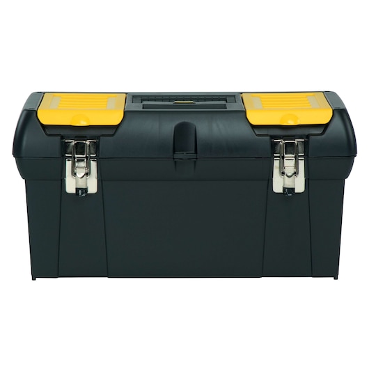 Stanley plastic tool box, front angle, black body with yellow lid and metal latches, white background