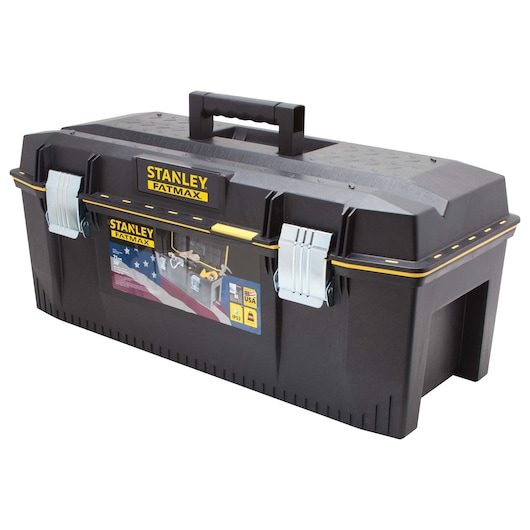 Stanley FATMAX black plastic toolbox with yellow accents, metal latches, and top handle, front angle on white background.