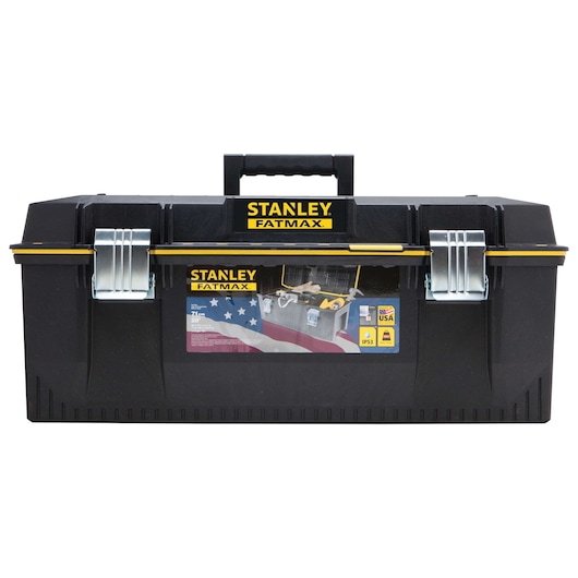 Front view of STANLEY FATMAX black plastic toolbox with metal latches, handle, and yellow accents on white background.