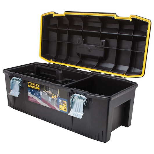 Stanley FATMAX black plastic toolbox with yellow trim, open lid, inner tray, and metal latches, angled front view