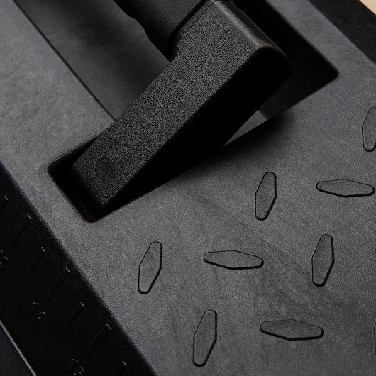 STANLEY 028001L toolbox textured black surface and handle, close-up photography.