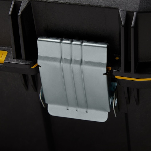 Photo of STANLEY 028001L metal latch on black toolbox, close-up view showing durable construction.