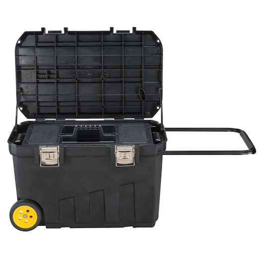 Stanley wheeled tool box, front angle on white background, lid open, yellow wheels, extended handle