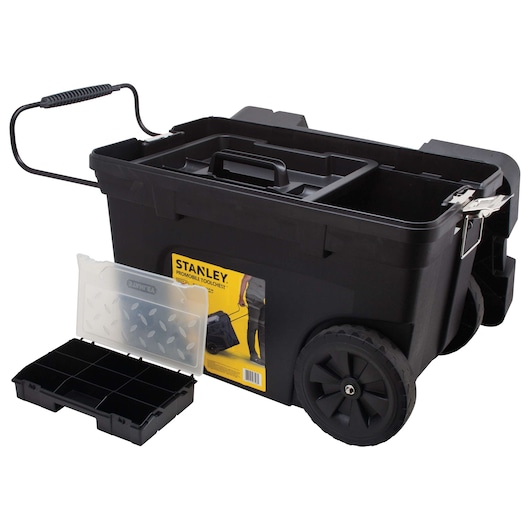 Stanley black plastic mobile tool chest with wheels, extendable handle, and removable organizer, angled front view