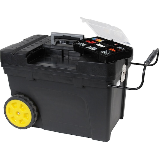STANLEY 033026R black wheeled toolbox with yellow wheels and open organizer tray, front angle, photography.