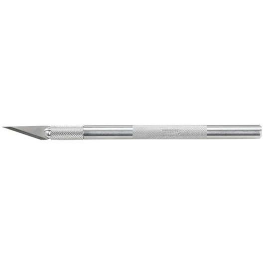 Stanley precision hobby knife with silver metal handle and fine pointed blade, side view on white background