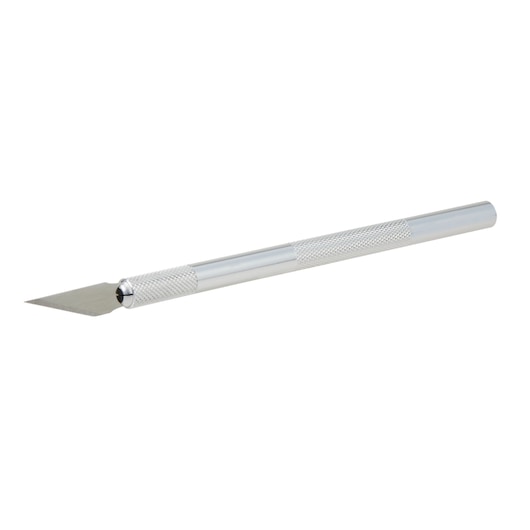Stanley precision hobby knife with silver metal handle and knurled grip, side angle on white background