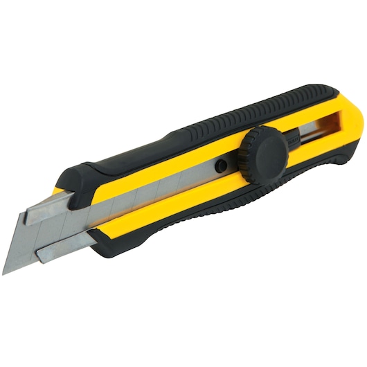 Stanley utility knife, yellow and black, angled side view, retractable segmented blade, textured grip