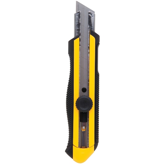 Stanley utility knife with yellow and black handle, retractable blade, front-facing view on white background.