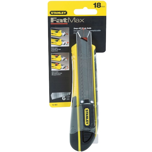STANLEY FatMax 18mm snap-off blade knife in black and yellow, SKU 10-481, front angle, in retail packaging.
