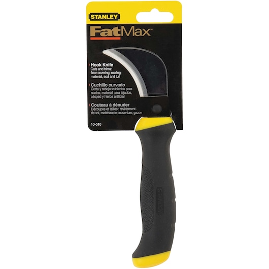 STANLEY 10-510-KR FatMax hook knife with curved blade and black ergonomic handle, front angle.