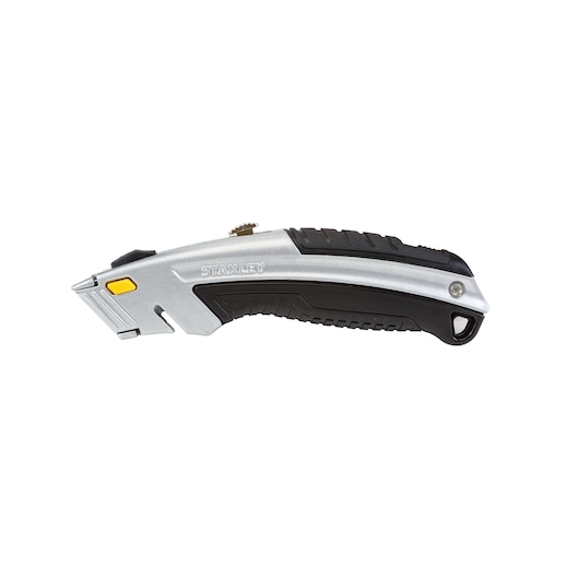 STANLEY utility knife with black and silver handle, yellow button, side view on white background
