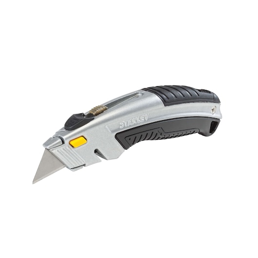 Stanley utility knife side angle, silver with black and yellow accents, ergonomic handle, exposed blade