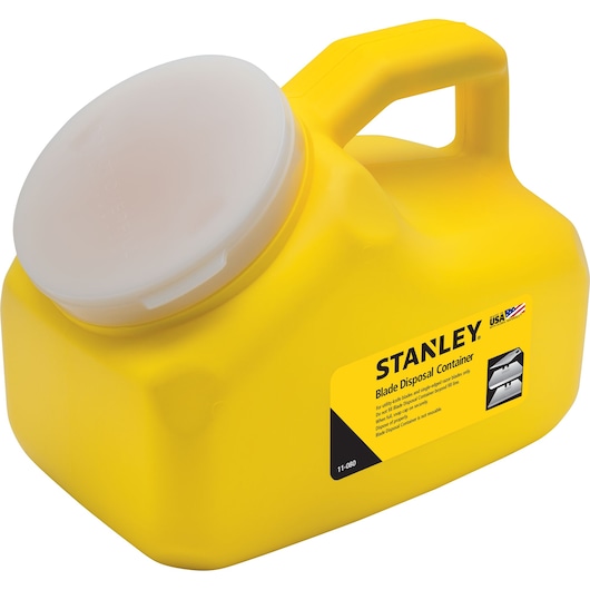 Stanley 11-080 blade disposal container, yellow plastic with white lid, angled product photo on white background.