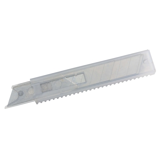 STANLEY snap-off utility knife blade pack in clear plastic case, angled view on white background