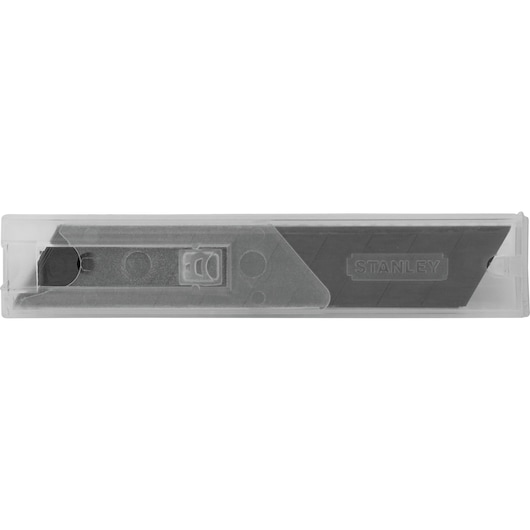 Stanley 11-301T utility knife blade pack, clear plastic case, side angle, silver and black blades visible.