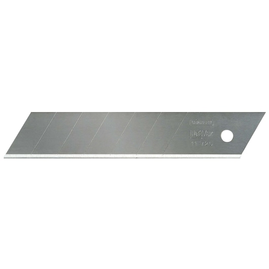 Stanley segmented utility knife blade, silver color, straight-on angle, single blade with snap-off sections