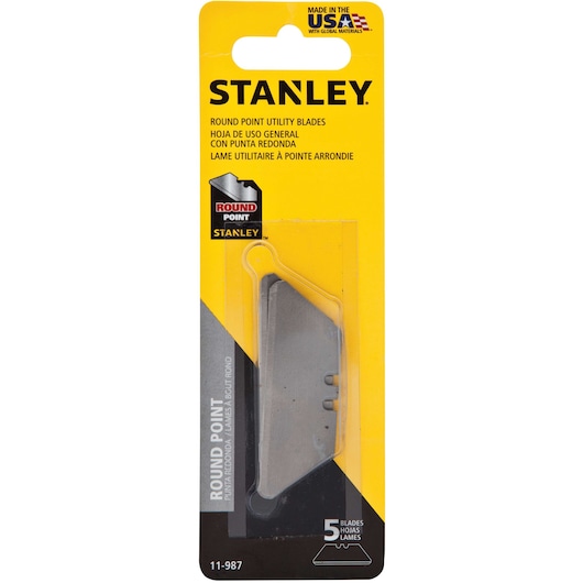 Front angle photo of STANLEY 11-987 round point utility blades, 5-pack, in yellow blister packaging.