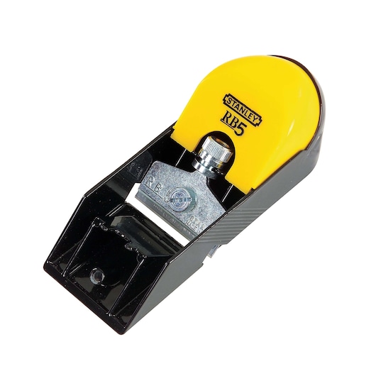 STANLEY 12-105 RB5 black and yellow hand planer, top angle, with visible blade and adjustment knob.