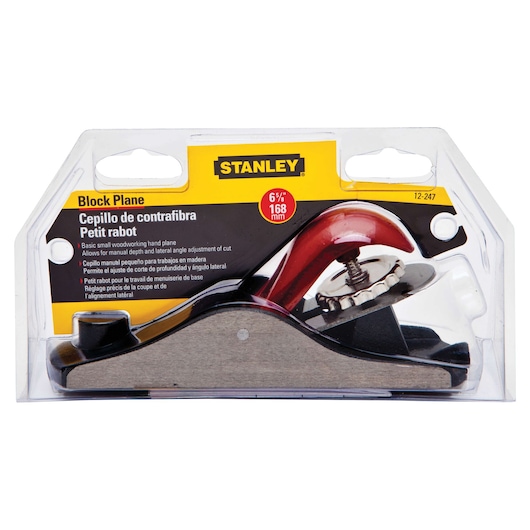 STANLEY 12-247 block plane in original packaging, metal body with red handle, clear plastic display, front angle.