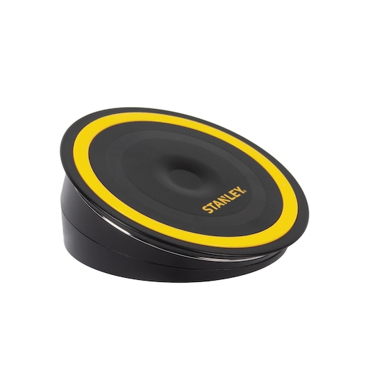 STANLEY 1310836ST2 black and yellow photography lens cap, angled on white background.