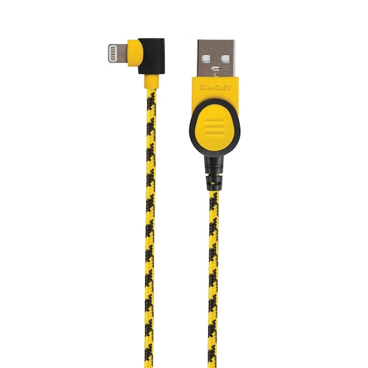 Front view Stanley braided yellow and black USB to Lightning cable with angled connector on white background