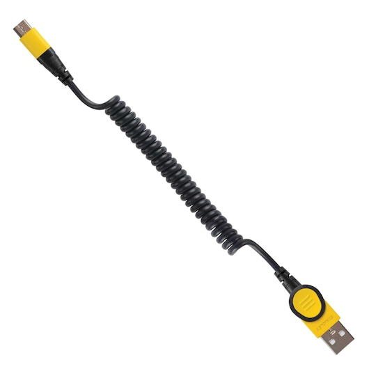 Stanley coiled USB cable with yellow and black connectors, overhead angle, photography accessory.