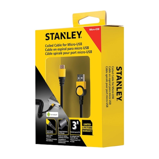 Photo of STANLEY coiled micro-USB cable in yellow and black retail packaging, 3 foot, extra tough and tangle resistant.