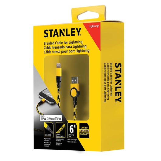 STANLEY braided Lightning cable, yellow and black, 6 ft, in retail packaging, product angled on white background.