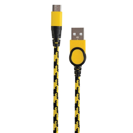 Stanley braided USB to micro-USB cable, yellow and black, front view on white background