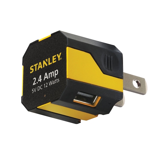 Stanley USB wall charger, angled view, yellow and black, 2.4 amp, 5V DC 12 watts, single USB port