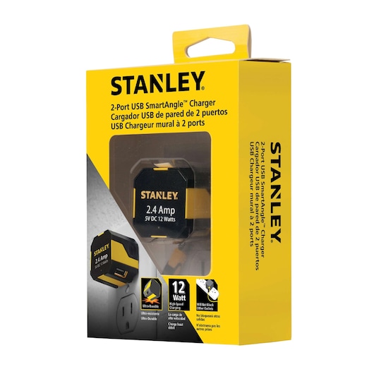 Stanley 1319591ST2 2-Port USB SmartAngle charger retail packaging, yellow box, front angled view.