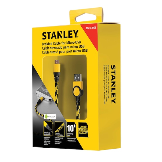Stanley braided micro-USB cable SKU 1319592ST2, yellow and black packaging, front angle photo.