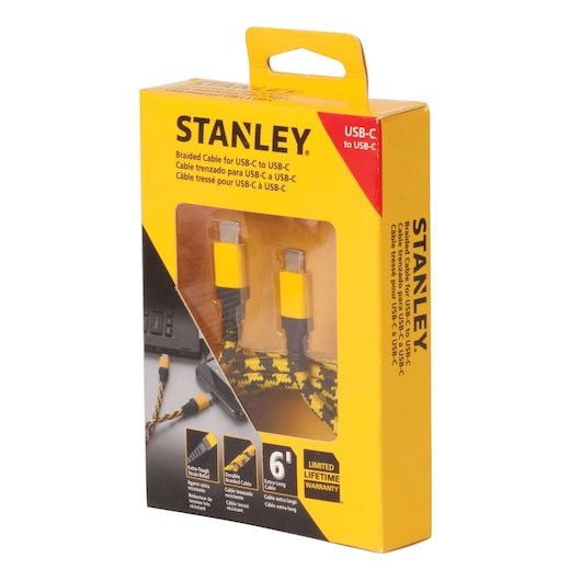 STANLEY 1319596ST2 braided USB-C to USB-C cable in yellow retail packaging, front angle photo.