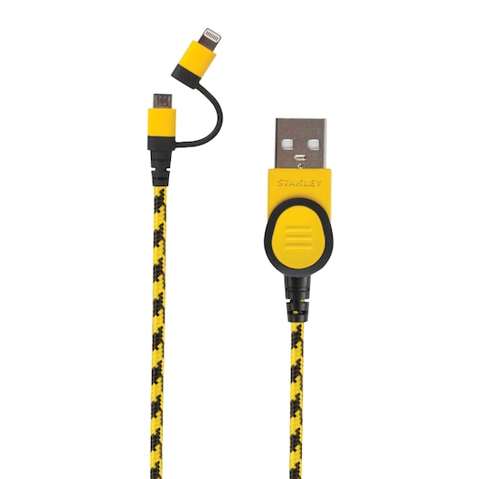 Stanley USB charging cable with yellow and black braided cord, micro USB and Lightning connectors, front angle