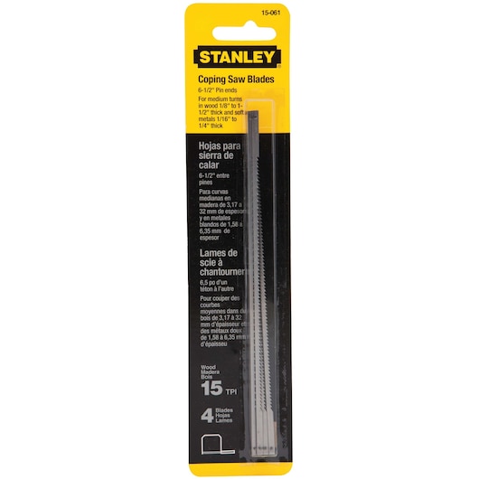 STANLEY 15-061 coping saw blades, 6-1/2 inch pin ends, 15 TPI, pack of 4, front angle on white background.
