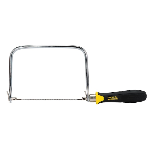 Stanley FATMAX coping saw front view with black and yellow handle and thin metal blade on white background