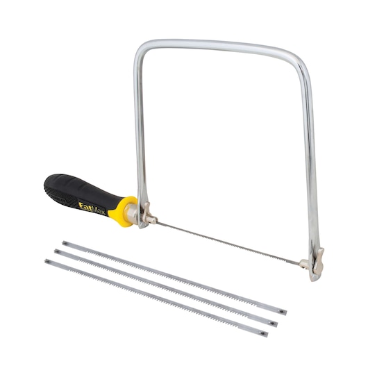 Stanley coping saw with black and yellow handle, metal frame, and four replacement blades, side angle.