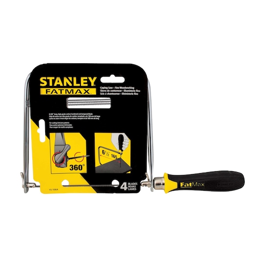 STANLEY FATMAX coping saw with black and yellow handle, 6.5 inch blade, SKU 15-106A, photographed on white background.