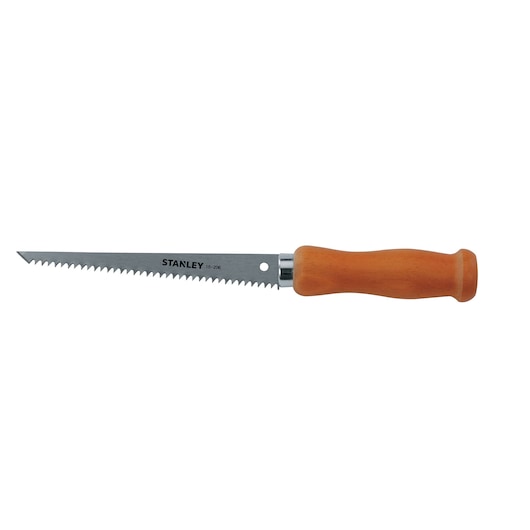 STANLEY keyhole saw with straight steel blade and wooden handle, side view on white background
