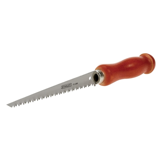 STANLEY jab saw with straight serrated blade and wooden handle, angled side view on white background
